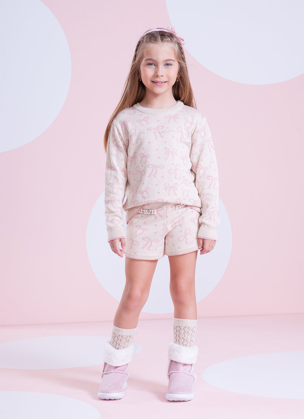 Conjunto Infantil Tricot Jacquard Multi-laços Ninive Blusa e Shorts Bolsos Bordados - Pituchinhus