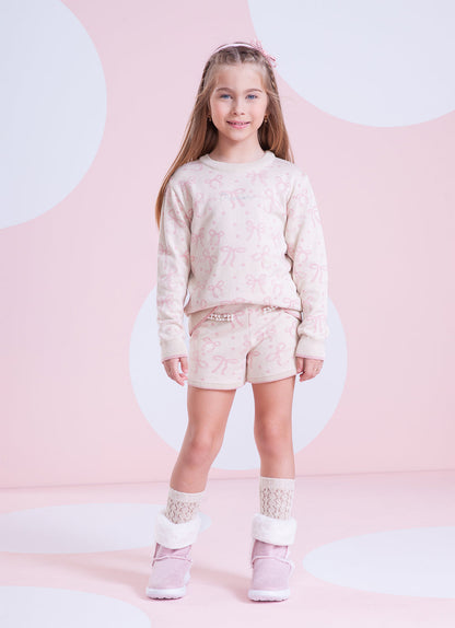 Conjunto Infantil Tricot Jacquard Multi-laços Ninive Blusa e Shorts Bolsos Bordados - Pituchinhus