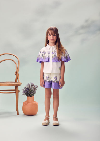Conjunto Infantil Camisa Gola Clássica Capa Minnie Florais e Shorts Sarja Minnie Florais Detalhes Lilás - Animê