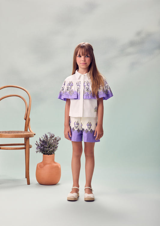 Conjunto Infantil Camisa Gola Clássica Capa Minnie Florais e Shorts Sarja Minnie Florais Detalhes Lilás - Animê
