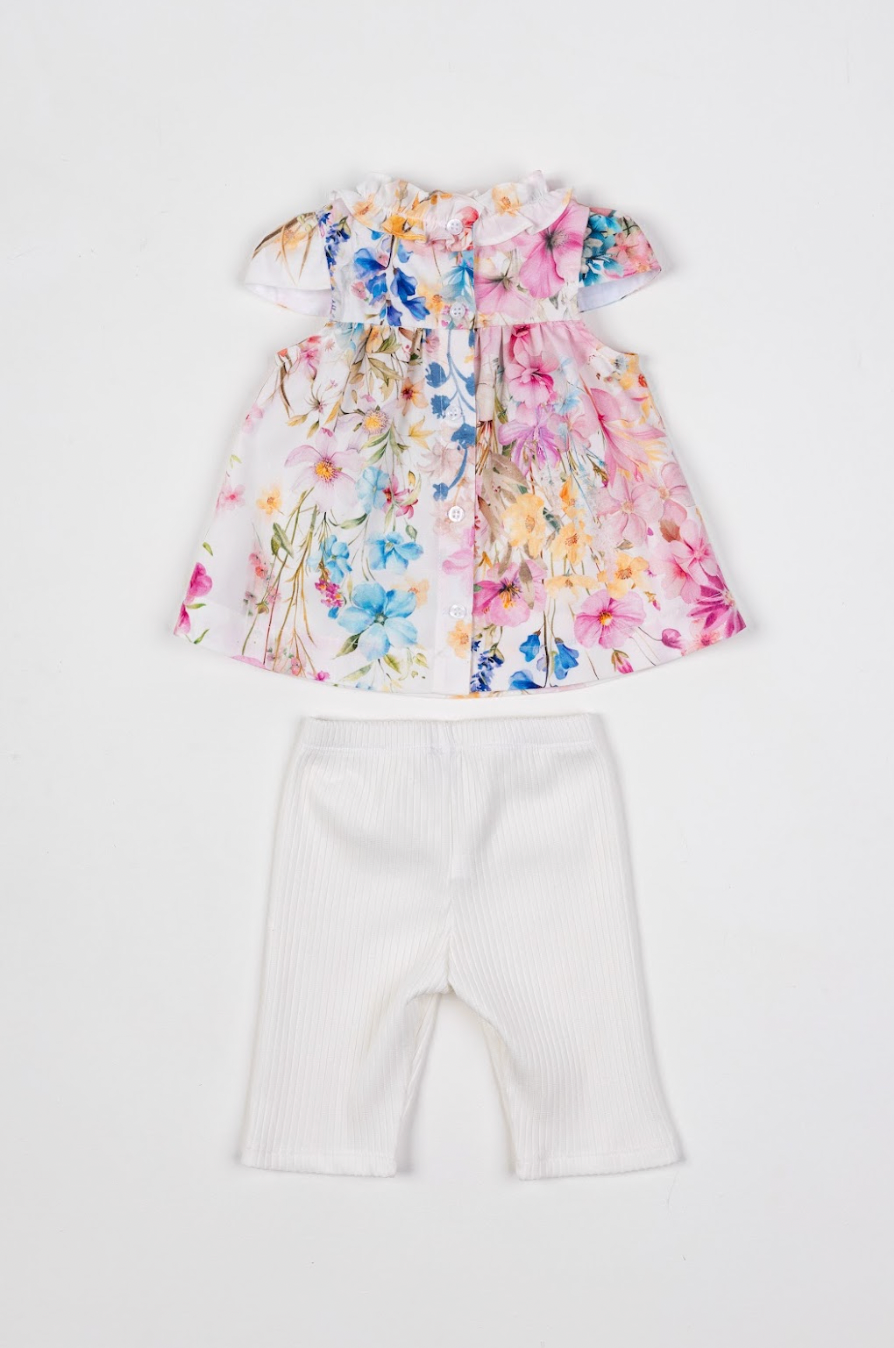 Conjunto Bebê Bata Tricoline Bordada Floral Candy e Legging Off White - Um Mais Um