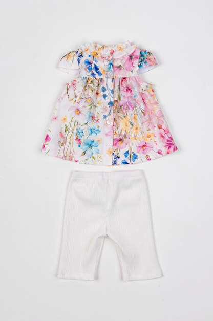 Conjunto Bebê Bata Tricoline Bordada Floral Candy e Legging Off White - Um Mais Um