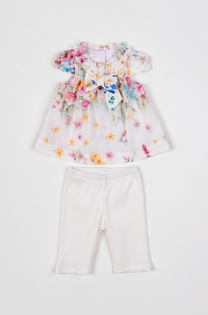Conjunto Bebê Bata Tricoline Bordada Floral Candy e Legging Off White - Um Mais Um