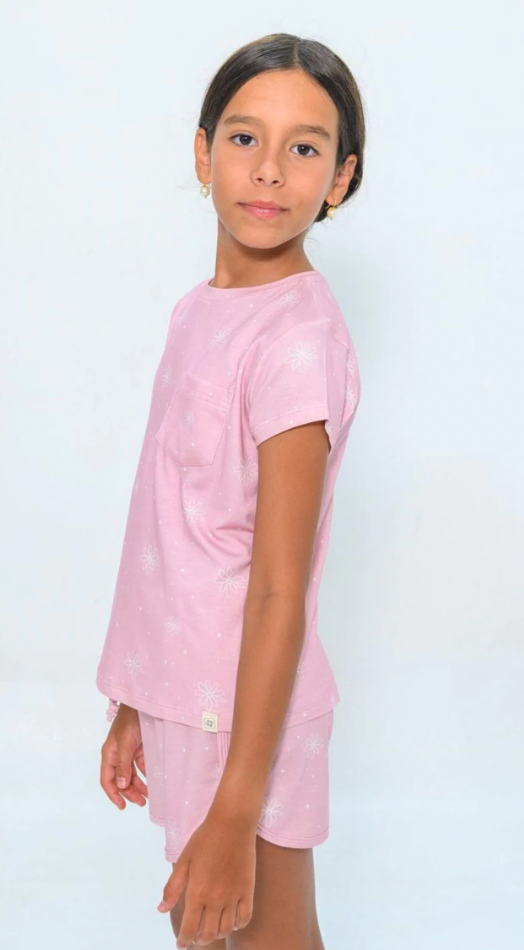 Pijama Infantil Comfy Blusa MC e Shorts Flower Rosa - Conforteca