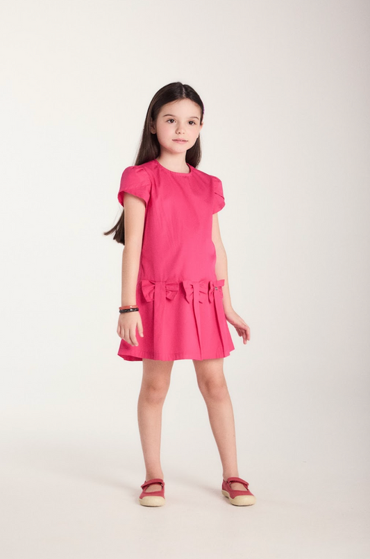 Vestido Infantil no Algodão Com Pregas e Laços Rosa - Beabá