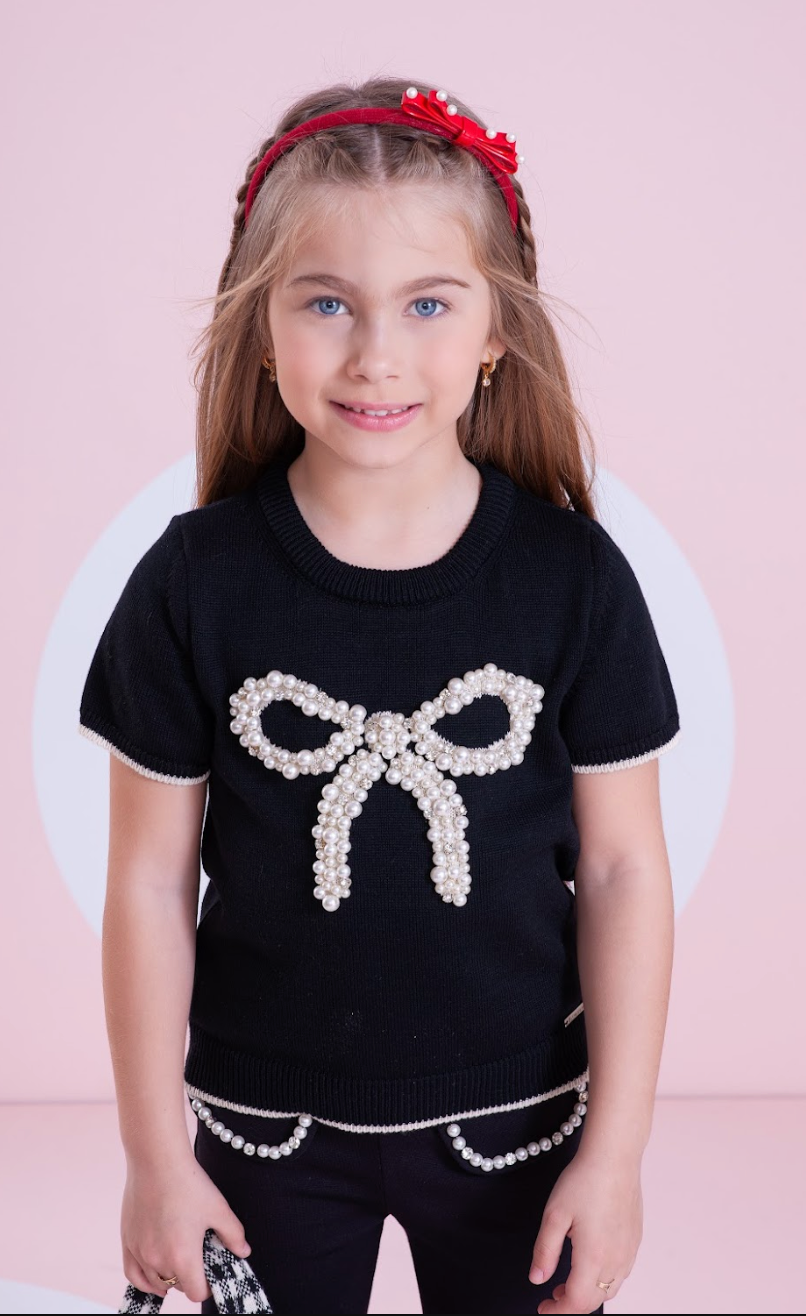 Conjunto Infantil Blusa Tricot Maxi Laço Bordado Pérolas Cristais e Calça Flare Lapelas Bordadas Preta - Pituchinhus