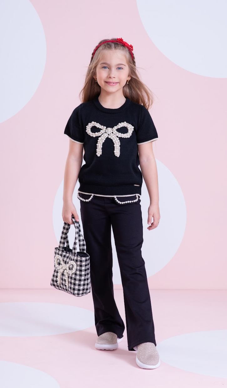 Conjunto Infantil Blusa Tricot Maxi Laço Bordado Pérolas Cristais e Calça Flare Lapelas Bordadas Preta - Pituchinhus