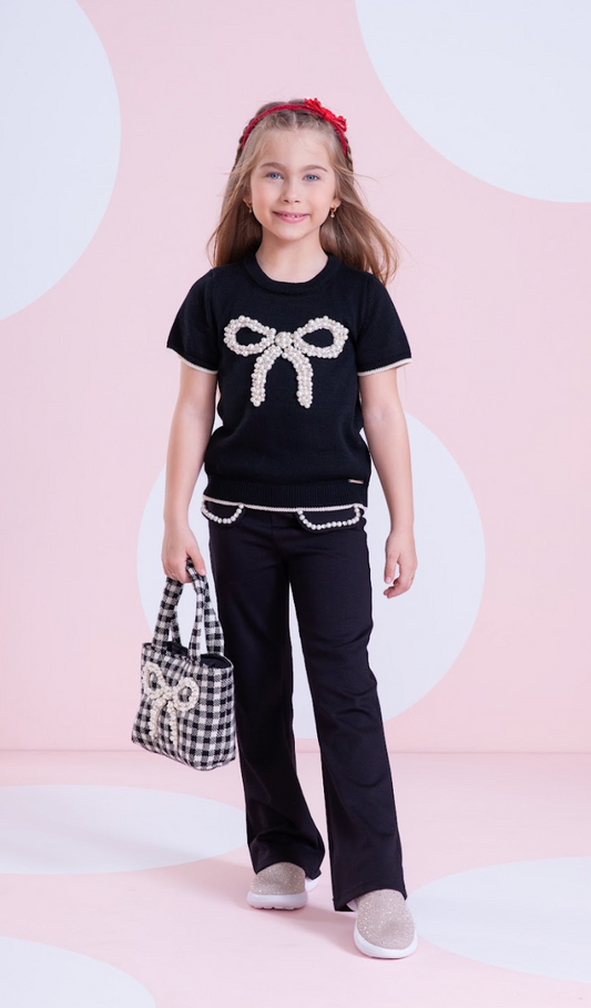 Conjunto Infantil Blusa Tricot Maxi Laço Bordado Pérolas Cristais e Calça Flare Lapelas Bordadas Preta - Pituchinhus