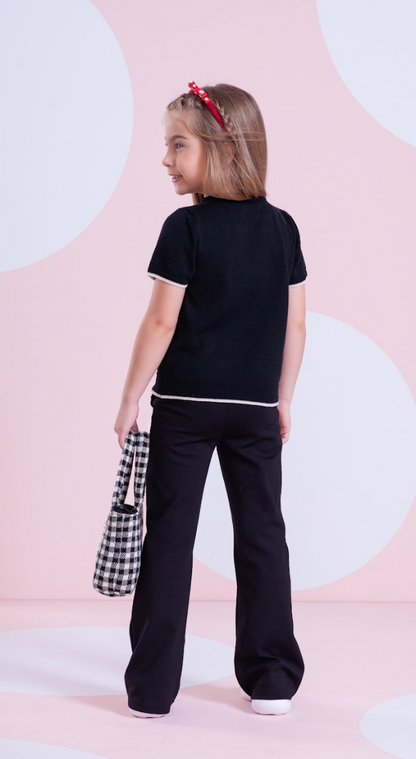 Conjunto Infantil Blusa Tricot Maxi Laço Bordado Pérolas Cristais e Calça Flare Lapelas Bordadas Preta - Pituchinhus