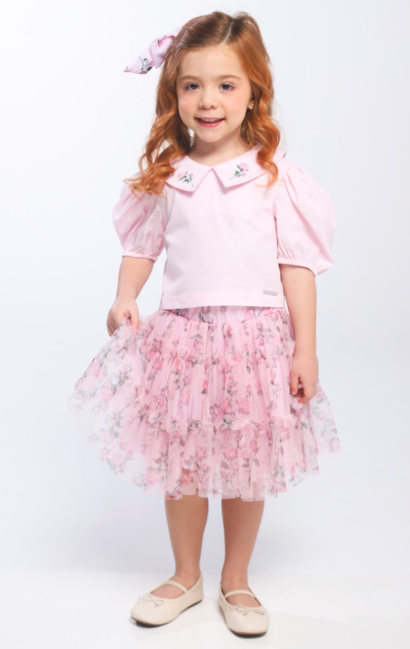 Conjunto Infantil Blusa Tricoline Golinha Patch Strass e Saia Rodada Tule Glitter Floral - Luluzinha PRÉ-VENDA