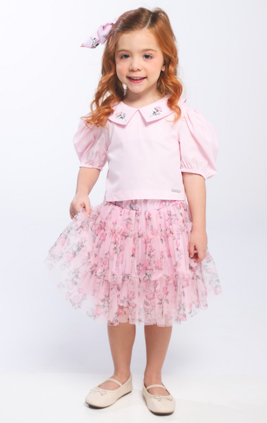 Conjunto Infantil Blusa Tricoline Golinha Patch Strass e Saia Rodada Tule Glitter Floral - Luluzinha PRÉ-VENDA