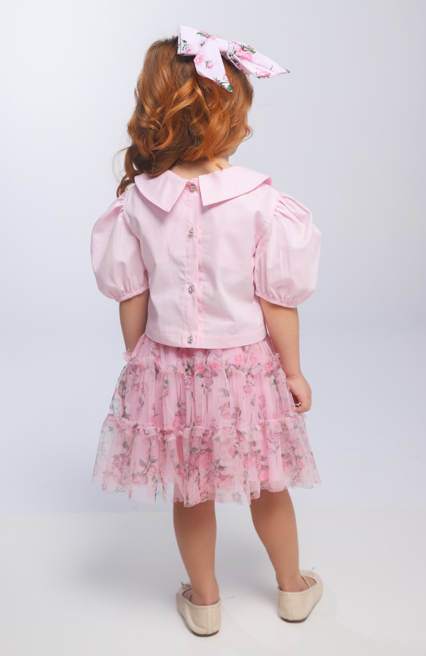 Conjunto Infantil Blusa Tricoline Golinha Patch Strass e Saia Rodada Tule Glitter Floral - Luluzinha PRÉ-VENDA