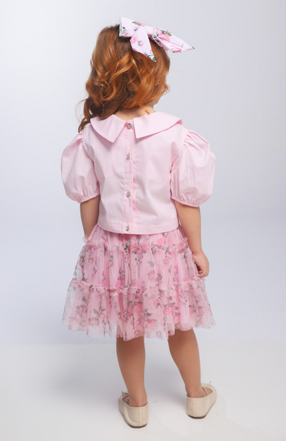 Conjunto Infantil Blusa Tricoline Golinha Patch Strass e Saia Rodada Tule Glitter Floral - Luluzinha PRÉ-VENDA
