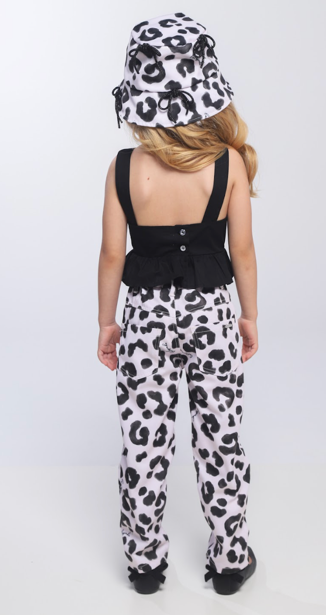 Conjunto Infantil Blusa Peplum Lacinho e Calça Sarja Animal Print P&B - Luluzinha