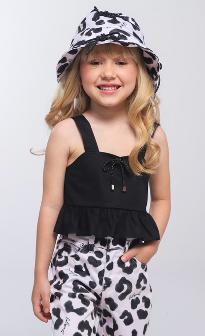 Conjunto Infantil Blusa Peplum Lacinho e Calça Sarja Animal Print P&B - Luluzinha