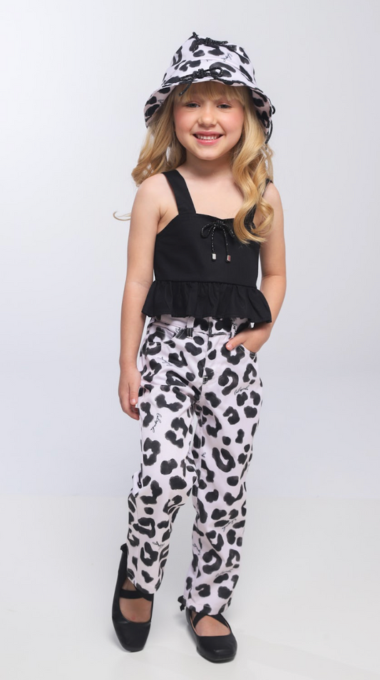 Conjunto Infantil Blusa Peplum Lacinho e Calça Sarja Animal Print P&B - Luluzinha PRÉ-VENDA