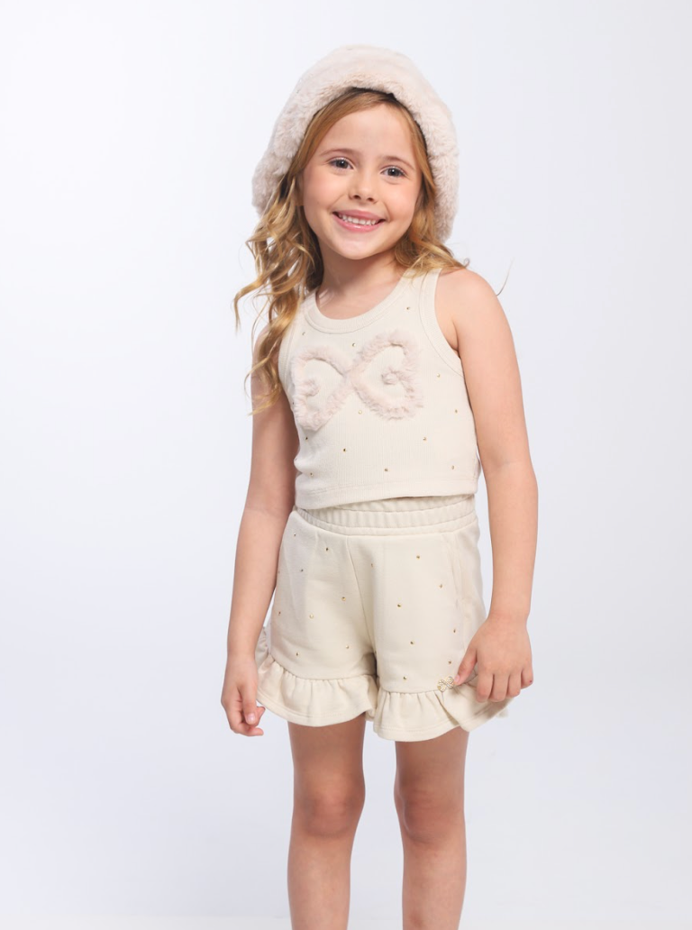 Conjunto Infantil Regata Infinito e Shorts Moletom Babadinho Strass Bege - Luluzinha