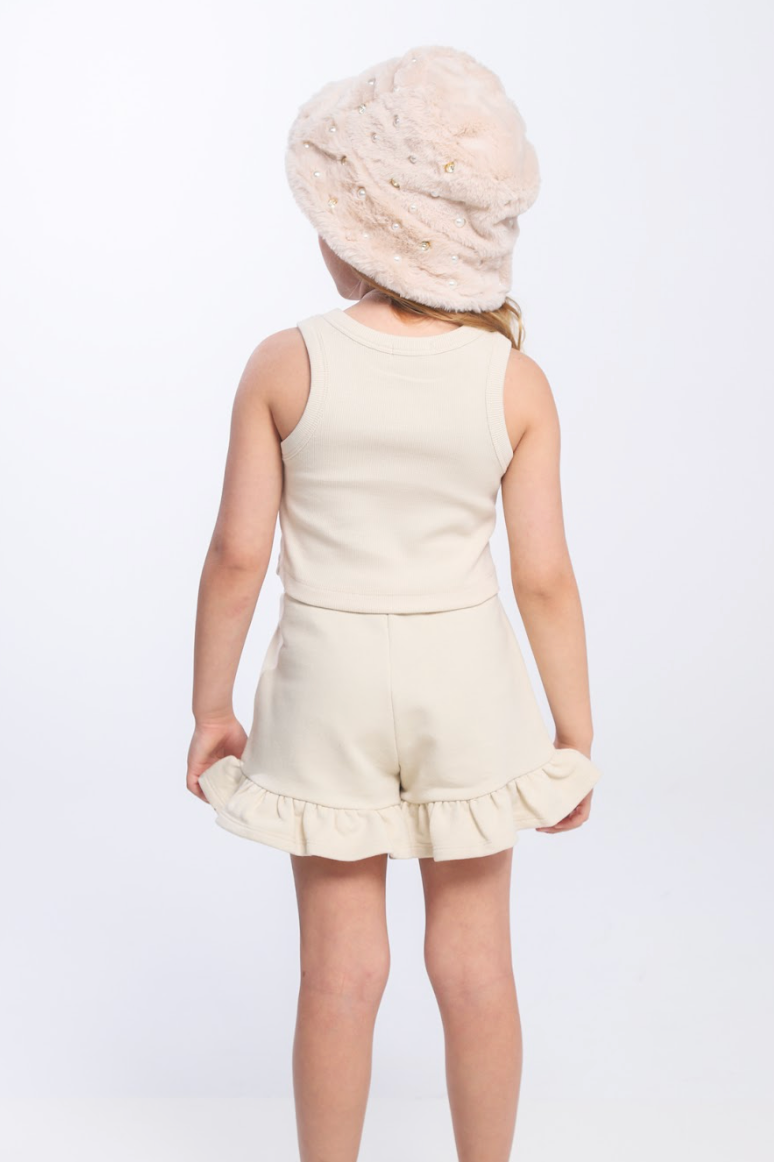 Conjunto Infantil Regata Infinito e Shorts Moletom Babadinho Strass Bege - Luluzinha
