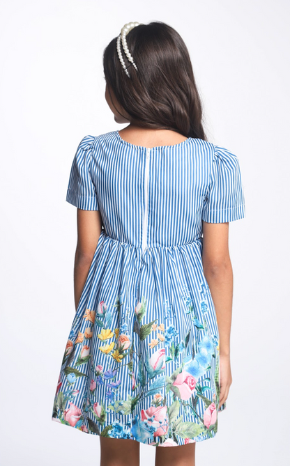 Vestido Infantil Rodado Algodão Listrado Barrado Floral - Luluzinha