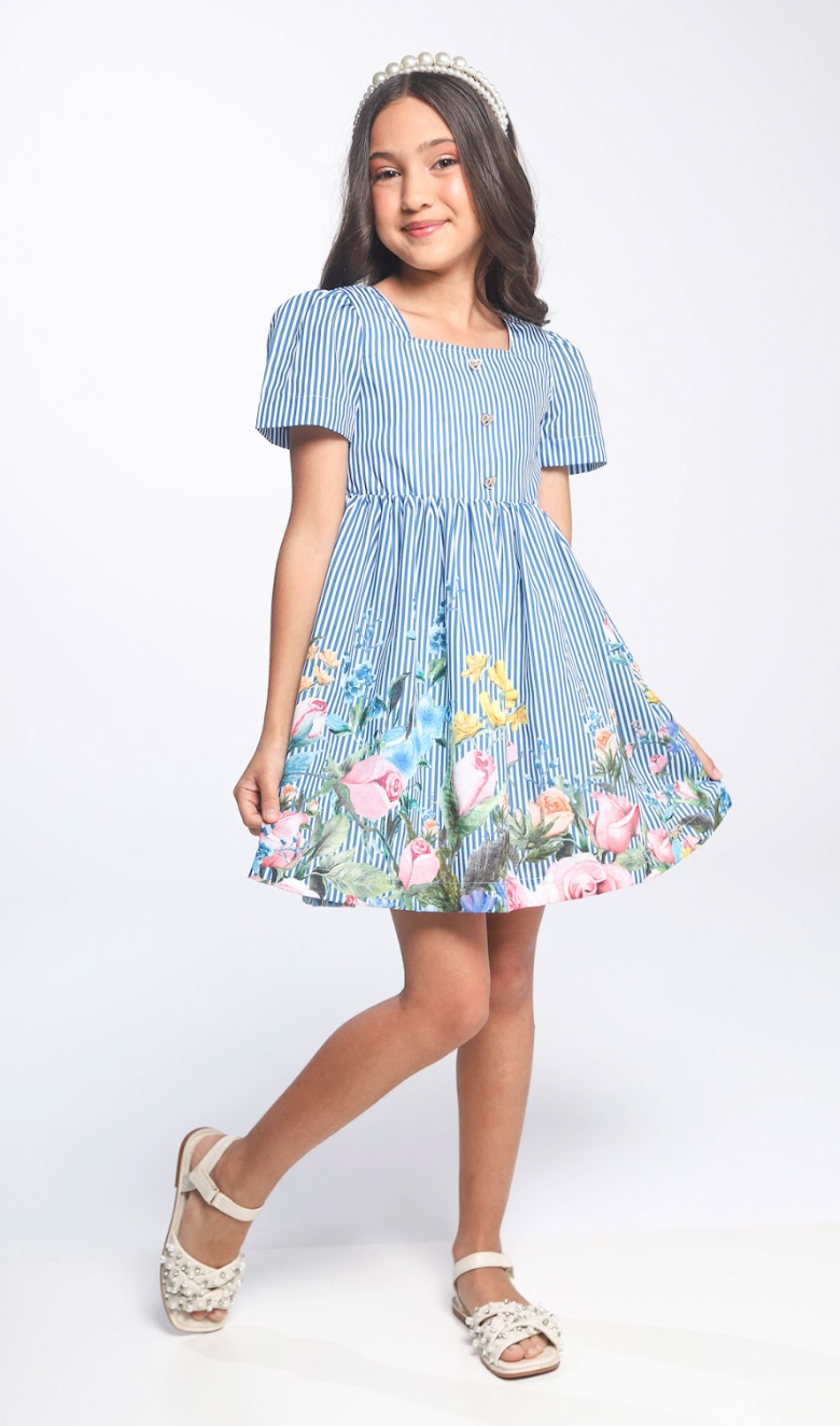 Vestido Infantil Rodado Algodão Listrado Barrado Floral - Luluzinha
