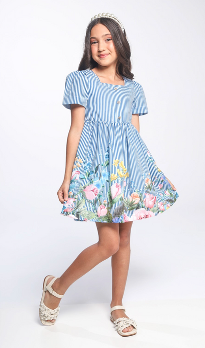 Vestido Infantil Rodado Algodão Listrado Barrado Floral - Luluzinha