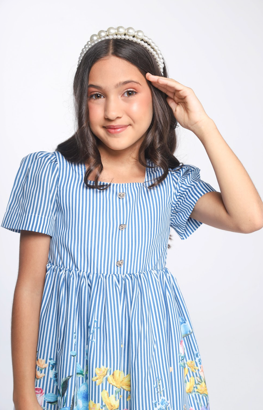 Vestido Infantil Rodado Algodão Listrado Barrado Floral - Luluzinha