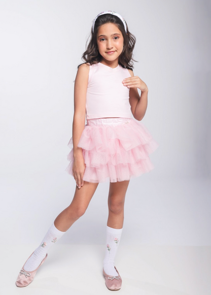 Conjunto Infantil Blusa Plaquinha Bordado Strass e Saia Rodada Camadas Tule Glitter Rosa - Luluzinha