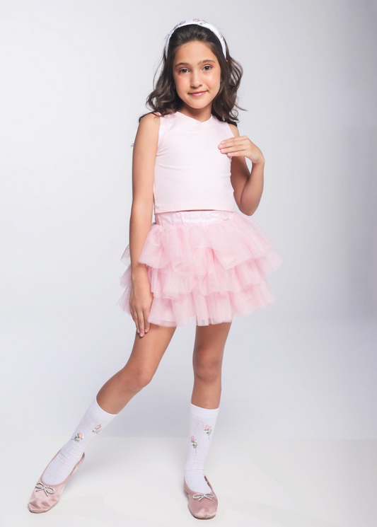 Conjunto Infantil Blusa Plaquinha Bordado Strass e Saia Rodada Camadas  Tule Glitter Rosa - Luluzinha