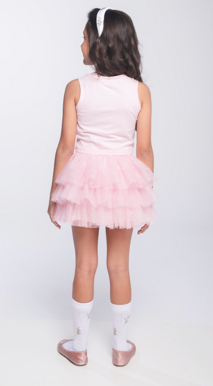Conjunto Infantil Blusa Plaquinha Bordado Strass e Saia Rodada Camadas Tule Glitter Rosa - Luluzinha