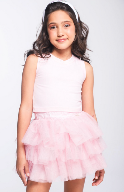 Conjunto Infantil Blusa Plaquinha Bordado Strass e Saia Rodada Camadas Tule Glitter Rosa - Luluzinha