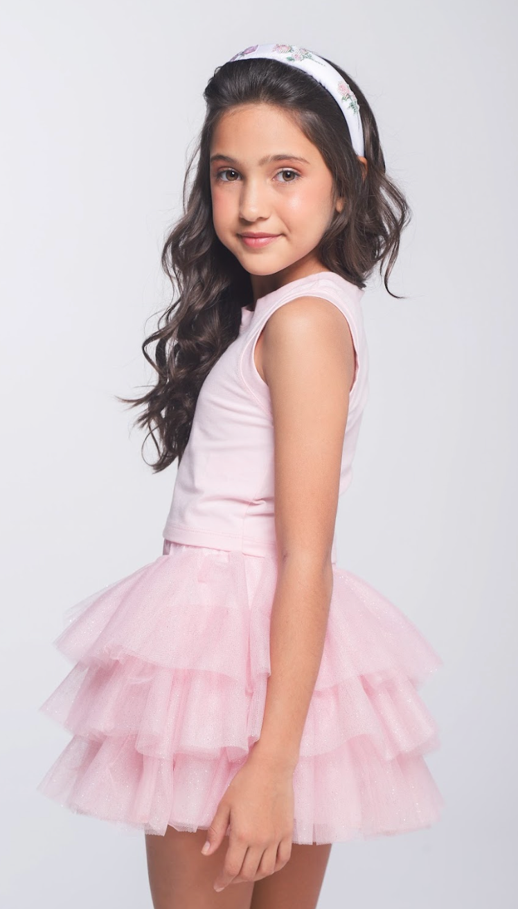 Conjunto Infantil Blusa Plaquinha Bordado Strass e Saia Rodada Camadas Tule Glitter Rosa - Luluzinha