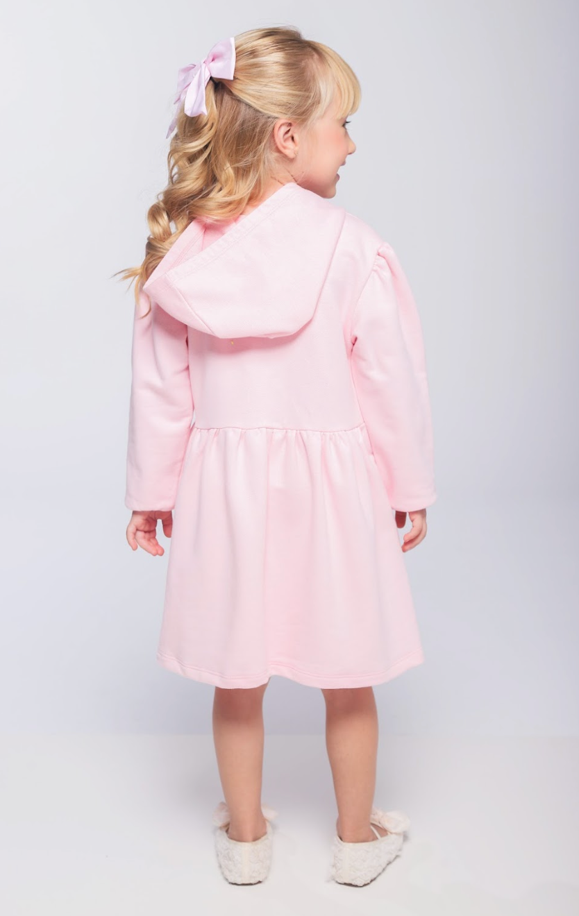 Vestido Infantil ML Moletom Rodado Capuz e Bordado Rosa - Luluzinha