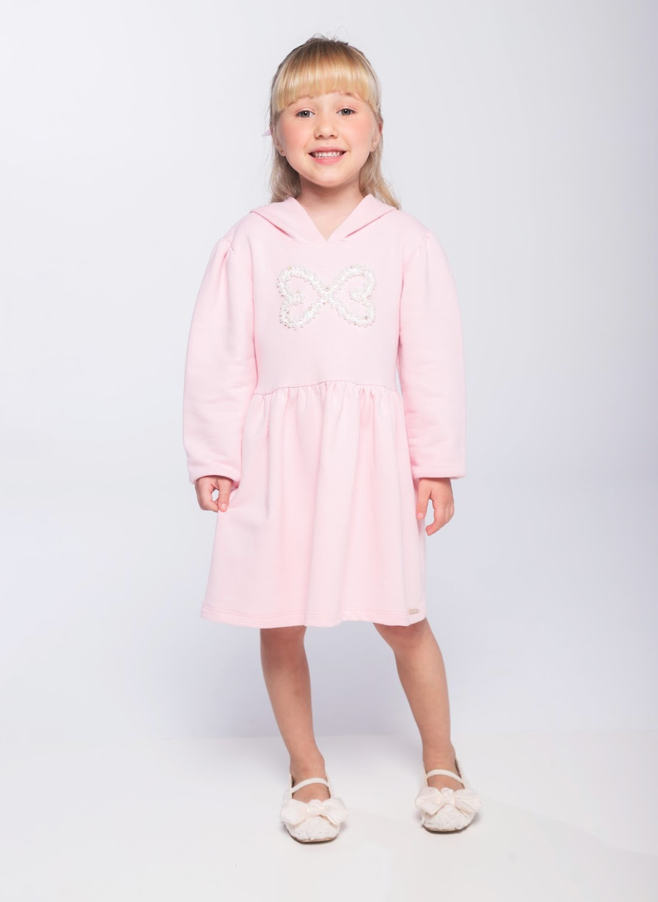 Vestido Infantil ML Moletom Rodado Capuz e Bordado Rosa - Luluzinha