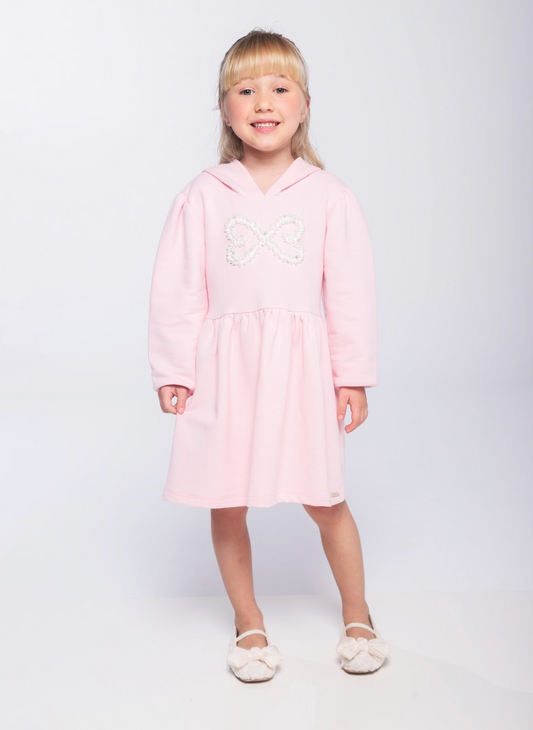 Vestido Infantil ML Moletom Rodado Capuz e Bordado Rosa - Luluzinha