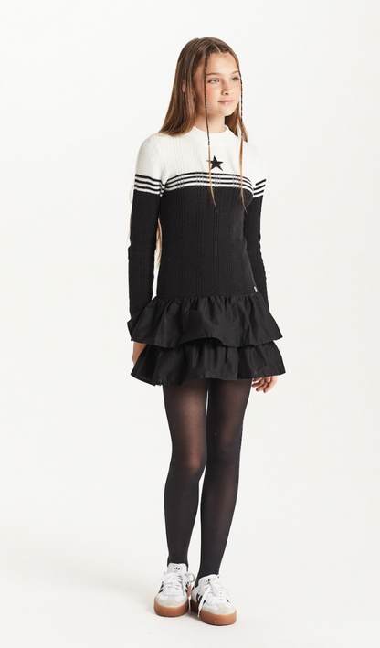 Vestido Teen Manga Longa Tricot Babados Preto - Two In