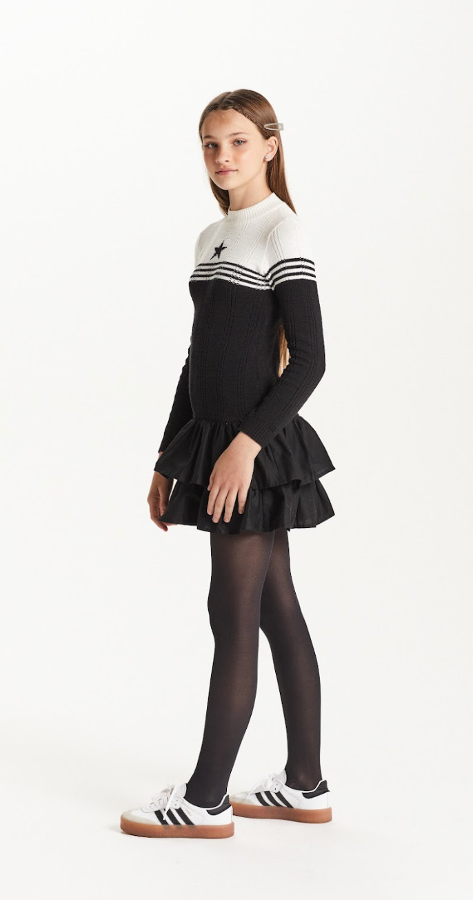 Vestido Teen Manga Longa Tricot Babados Preto - Two In
