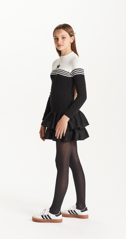 Vestido Teen Manga Longa Tricot Babados Preto - Two In