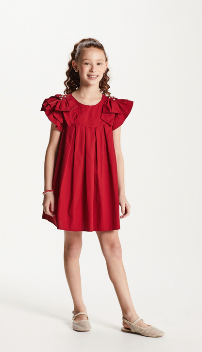 Vestido Infantil Jumper Algodão Pregas Vermelho - Um Mais Um