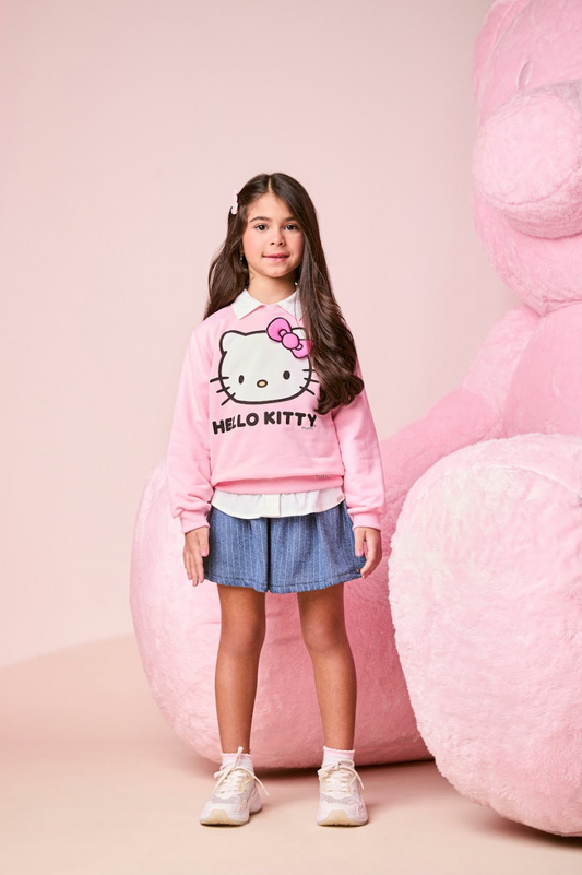 Conjunto Infantil Feminino Conjunto Infantil Casaco Moletom Hello Kitty Rosa Blossom com Saia Jeans Listrada Cós Duplo Branco - Momi