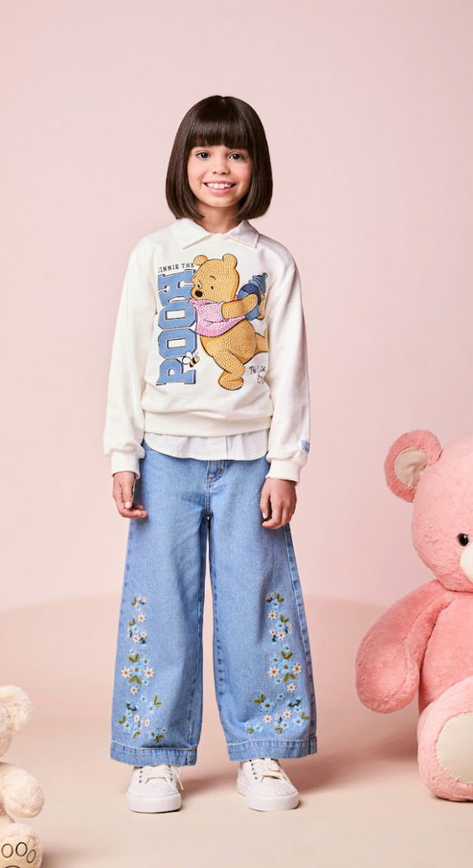 Conjunto Infantil Feminino Casaco Moletom Ursinho Pooh Pérola com Calça Jeans Bordada Flores - Momi