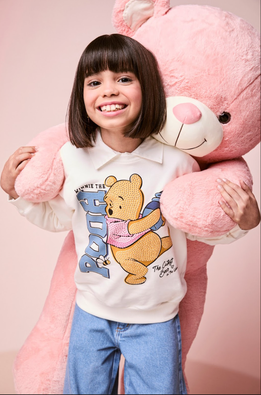 Conjunto Infantil Feminino Casaco Moletom Ursinho Pooh Pérola com Calça Jeans Bordada Flores - Momi