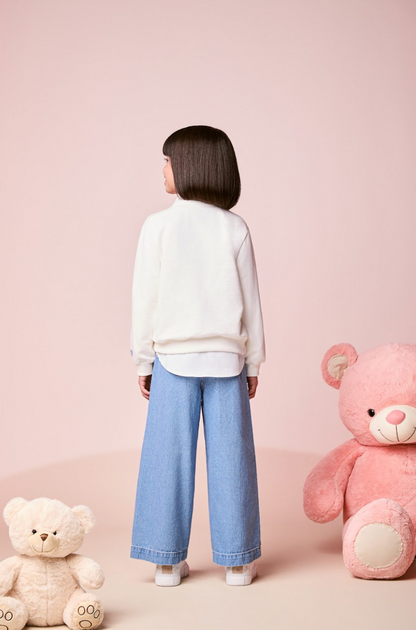 Conjunto Infantil Feminino Casaco Moletom Ursinho Pooh Pérola com Calça Jeans Bordada Flores - Momi
