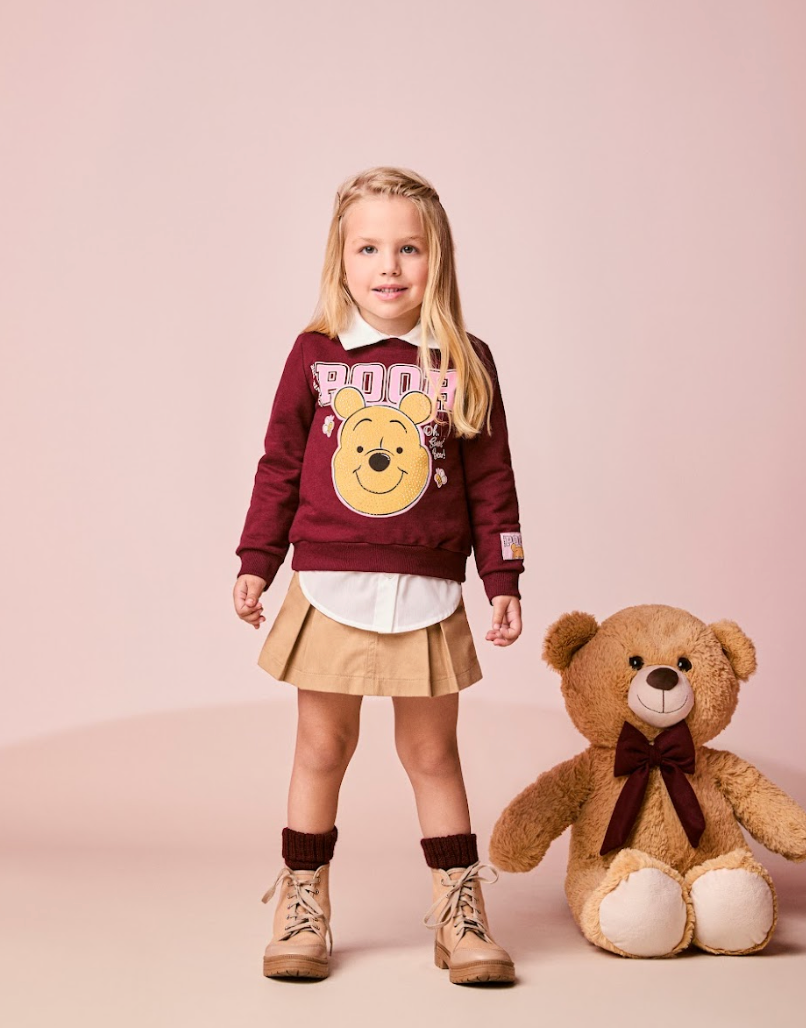 Conjunto Infantil Feminino Casaco Moletom Pooh Cranberry Juice com Saia Sarja de Pregas Bege Escuro Casual - Momi