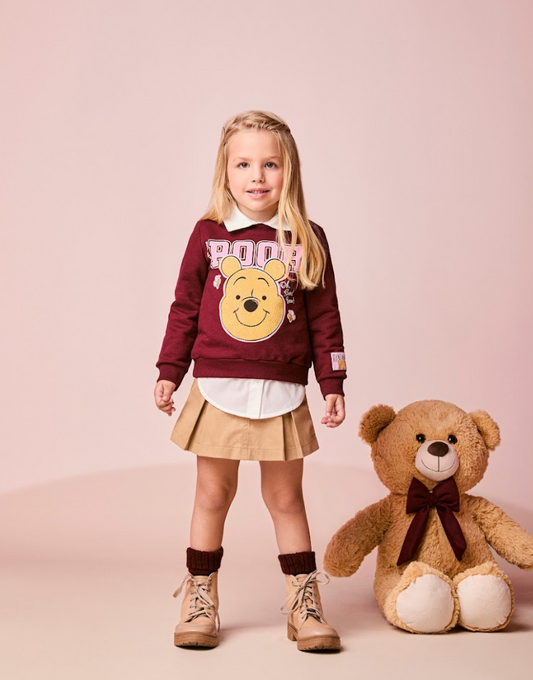 Conjunto Infantil Feminino Casaco Moletom Pooh Cranberry Juice com Saia Sarja de Pregas Bege Escuro Casual - Momi