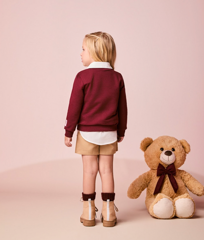 Conjunto Infantil Feminino Casaco Moletom Pooh Cranberry Juice com Saia Sarja de Pregas Bege Escuro Casual - Momi