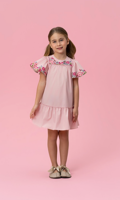 Vestido Infantil Trapézio Flores e Babado Rosa - Mon Sucré