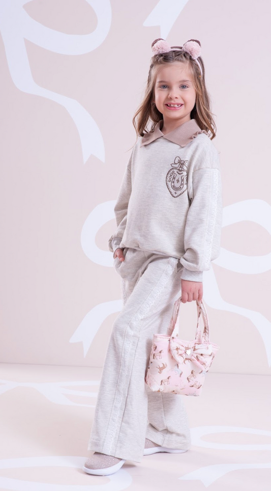 Conjunto Infantil Moletom Mescla Casaco Gola Tricot Good Luck Cavalinho e Calça Reta Broderi - Pituchinhus