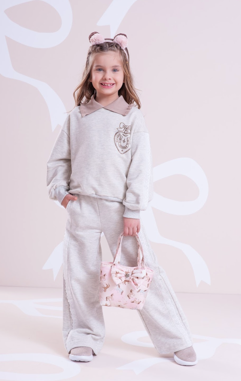 Conjunto Infantil Moletom Mescla Casaco Gola Tricot Good Luck Cavalinho e Calça Reta Broderi - Pituchinhus