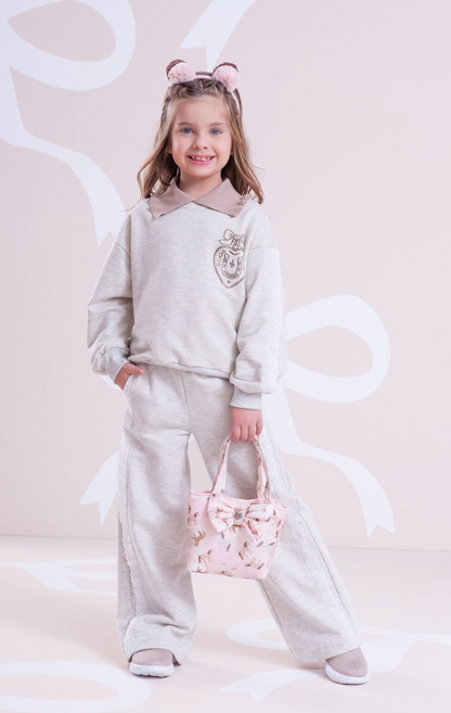 Conjunto Infantil Moletom Mescla Casaco Gola Tricot Good Luck Cavalinho e Calça Reta Broderi - Pituchinhus