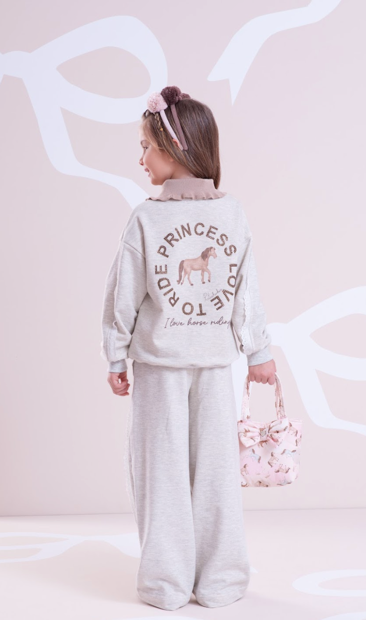 Conjunto Infantil Moletom Mescla Casaco Gola Tricot Good Luck Cavalinho e Calça Reta Broderi - Pituchinhus
